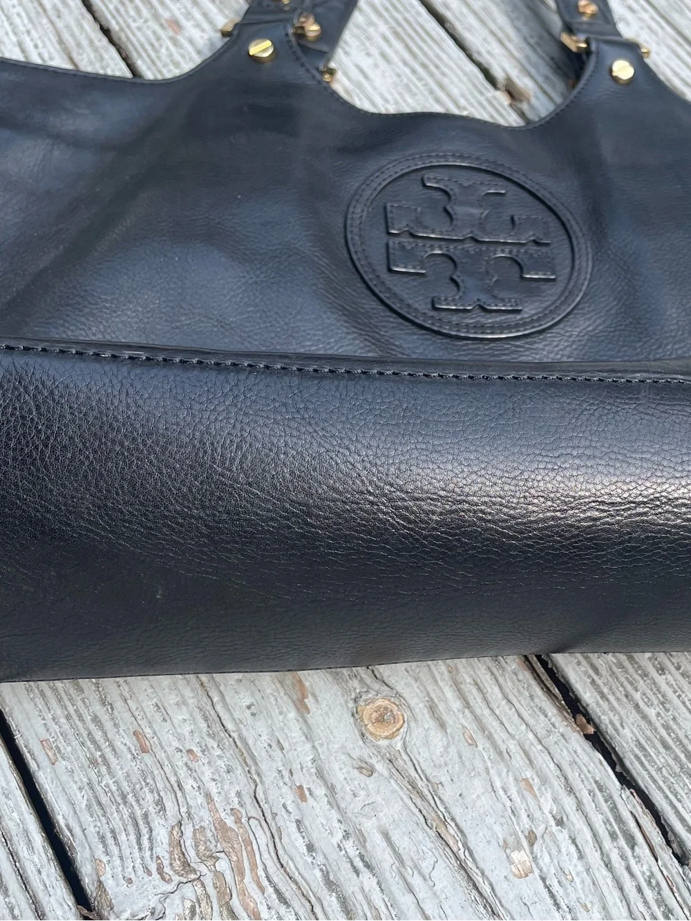 Tory Burch Black Leather Logo Tote with Gold-Tone Accents